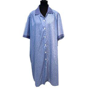 Vintage Floral Blue Housedress L Button Front Collar Pockets Short Sleeve